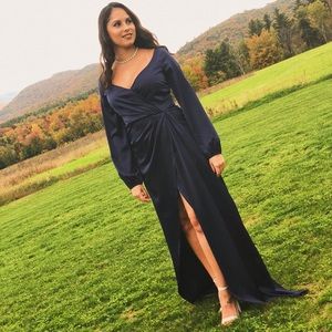 Navy blue long sleeve faux wrap dress